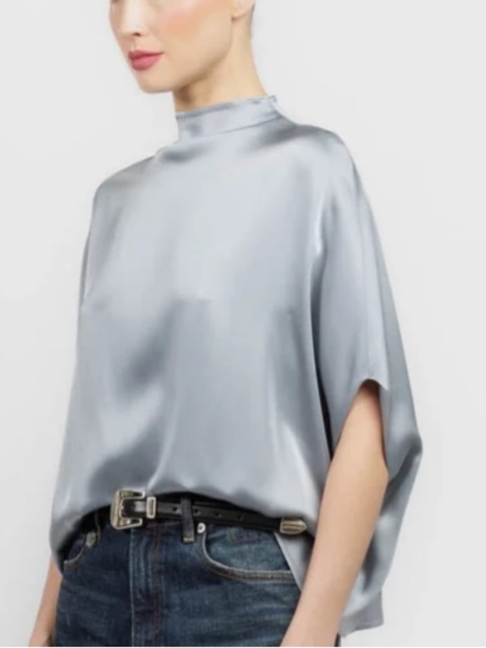 La pointe Satin Mock-Neck Blouse in Silver green/blue color